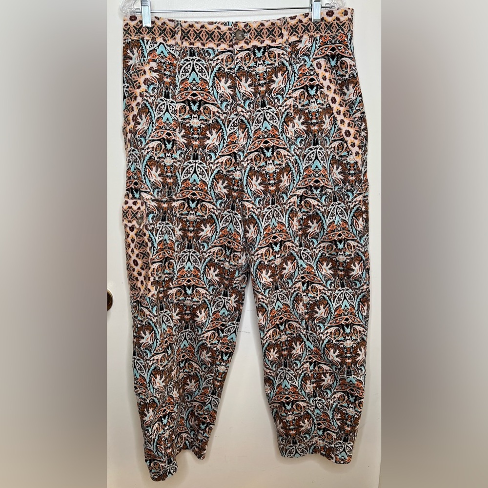 Anthropologie Corduroy Barrel Leg Pants, Blue & Brown Motif, Women’s 14